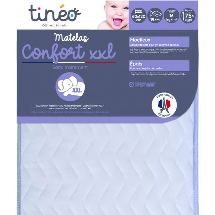 Matelas Bébé Confort XXL TINEO 60x120x15cm - Sans Traitement - Fabriqué En France - Garantie 2 Ans-2