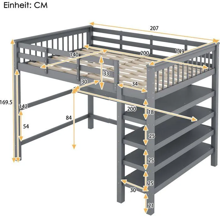 Lit mezzanine, 140 x 200, Lit haut pour enfants, Compartiment de rangement et bureau sous le lit, Pas de matelas, Gris-2