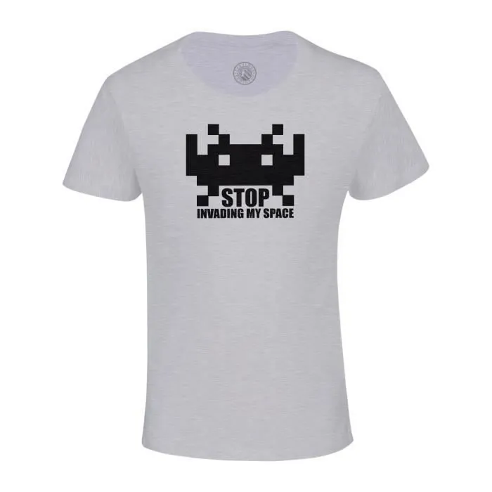 T-shirt Enfant Gris Stop Invading My Space Parodie Jeux Video Retro Gaming Arcade-0