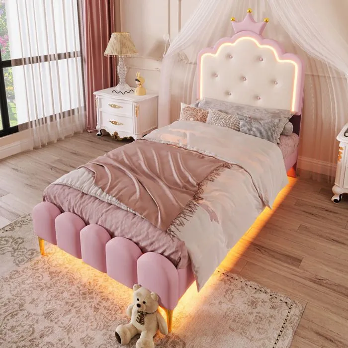 Lit 90x200cm - lit simple princesse LED avec sommier à lattes et tête de lit couronnée - matériau PU, rose-0