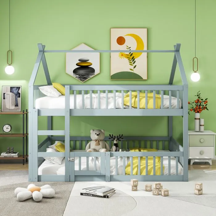 Lit superposé enfant 140x200cm - avec escalier - design loft - bois massif - gris-0