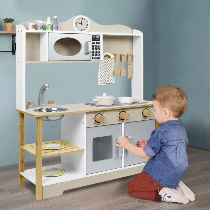 UISEBRT Cuisine en Bois Enfant, Ensemble de Jouets de Cuisine avec Accessoires Tels que Micro-ondes, Four, Évier(68x26x78cm)-2