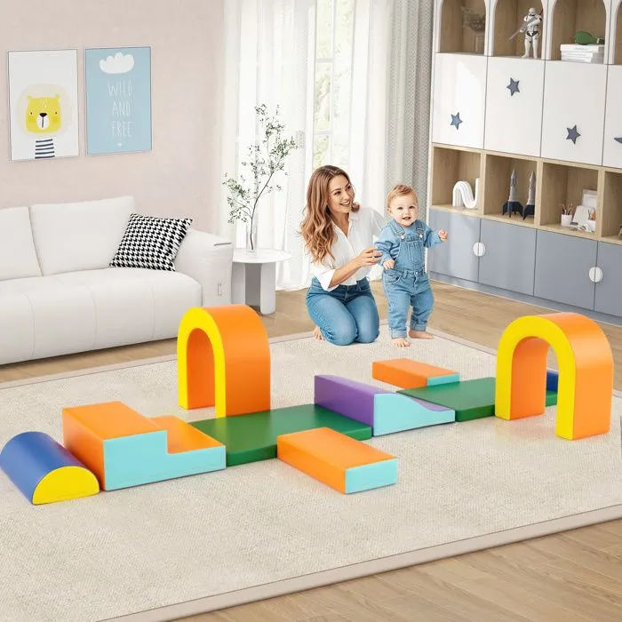 10 PCs Blocs de Construction en Mousse COSTWAY avec Toboggan & Escalier, Housse en Cuir & Bandes Agrippantes, 1 An+ Orange-3