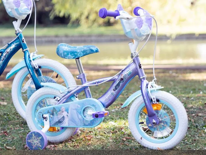Vélo Enfant Disney - Reine Des Neiges - Roues 12" - Age 3-5 ans - 2 Freins - Stabilisateurs - Garde-Boue - Bleu - Produit HUFFY-1
