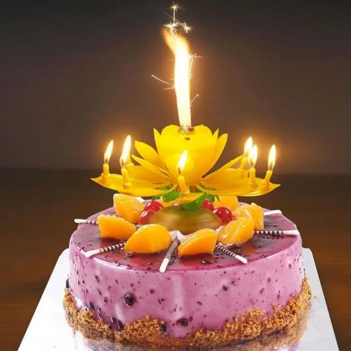 SHOP-STORY - Bougie d’Anniversaire Magique Fleur Musicale Tournante pour Décoration de Gâteau - Jaune-0