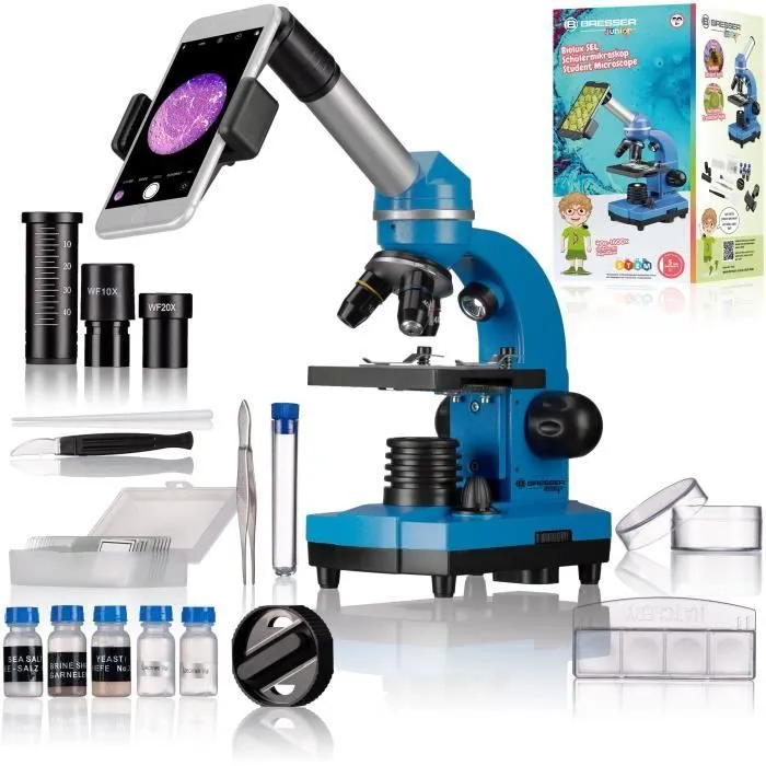 Microscope étudiant BIOLUX SEL - BRESSER JUNIOR - grossissement 40x-1600x - kit d’expérimentation - bleu-0