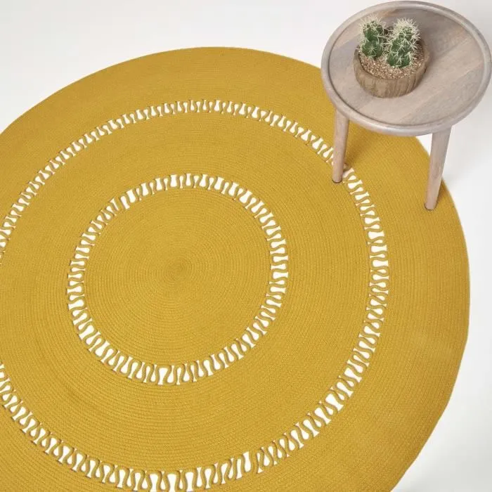 Tapis rond tissé à plat en coton ajouré Jaune Moutarde, 120 cm-1