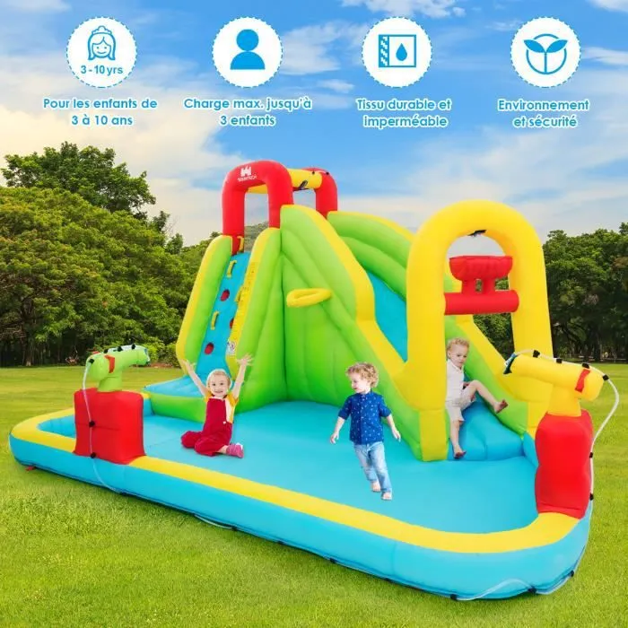 COSTWAY Château Gonflable pour Enfant 3-10Ans 400x335x230CM en Nylon+Oxford avec Toboggan Aquatique de Piscine Souffleur Non-inclus-0