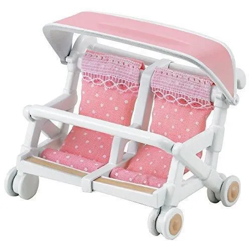 Poussette Double Sylvanian - Accessoire pour Maison de Famille - Rose-1