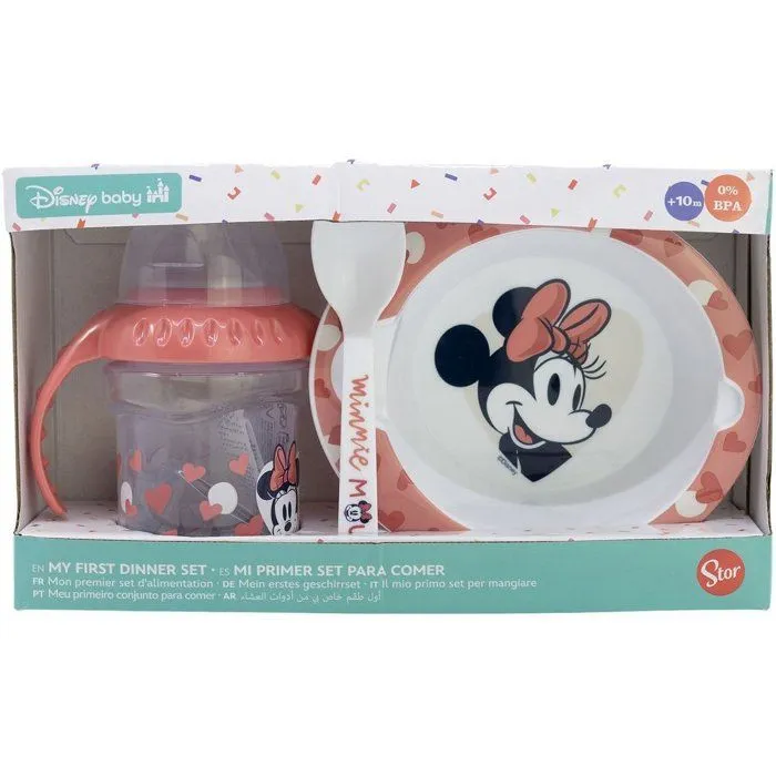 STOR Coffret cadeau Disney Minnie enfant, plastique et silicone sans BPA, biberon bol cuillère, lavable réutilisable-1
