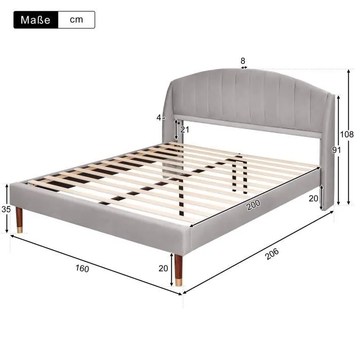 Lit double 160x200 cm avec sommier à lattes en bois et tête de lit, lit ado, lit enfant - lit en velours gris-3
