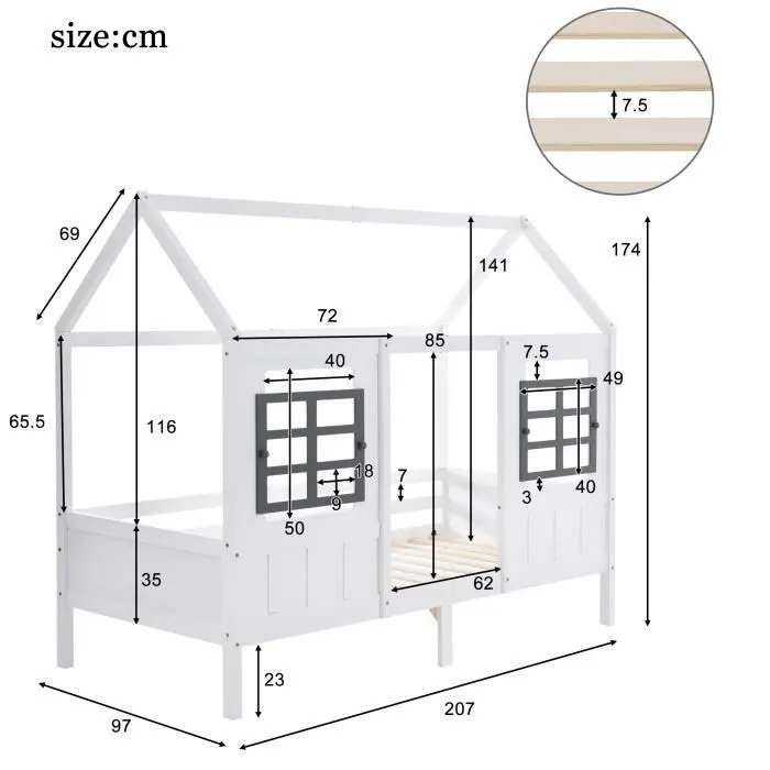 Lit cabane enfant 200x90cm, lit simple, lit enfant avec 2 fenêtres, cadre en pin, MDF, blanc-3