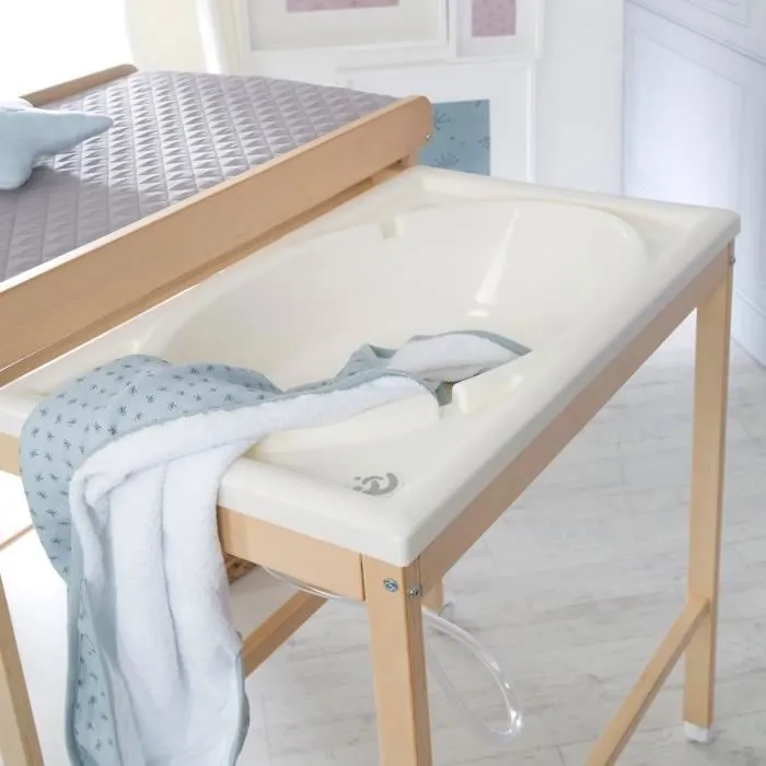 ROBA Table à Langer avec Baignoire Coulissante Baby Pool et Matelas à Langer Imperméable Gris - Bois Naturel / Blanc-3