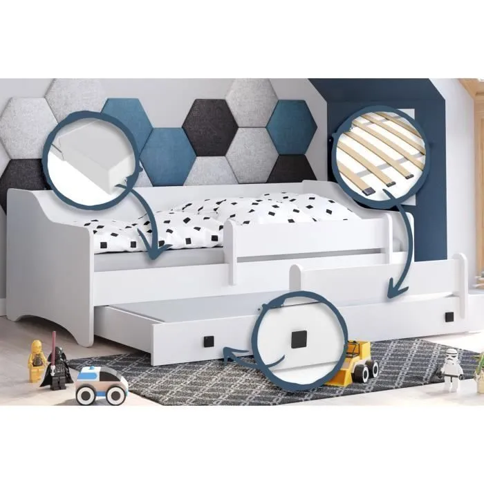 Lit gigogne double enfants eryk 80x160 avec 2 matelas, 2 sommiers, blanc-2