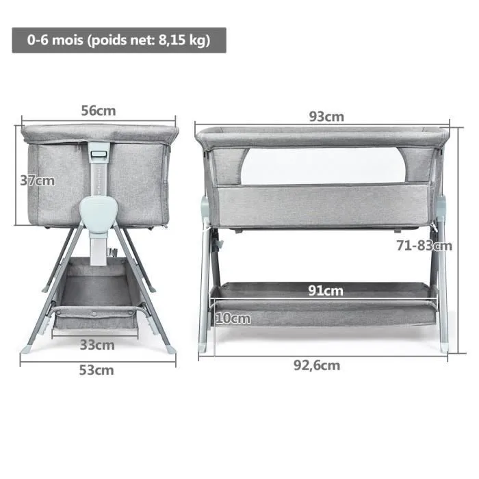 COSTWAY Lit Cododo Bébé avec Matelas Amovible 3,5CM Hauteurs Réglables Panier de Rangement Roues Intégrée à 15KG 0-6 Mois Gris-3