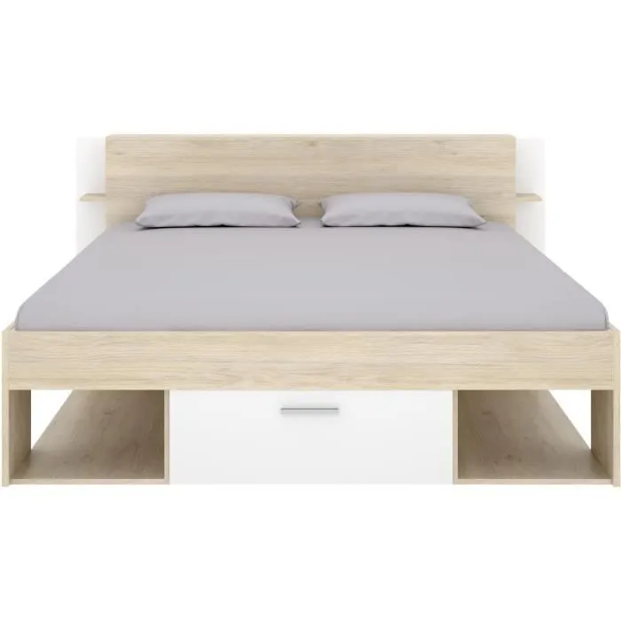 SAX Lit adulte - 140x190 cm - 3 tiroirs + Tête de lit avec rangement - Décor chêne et blanc-4