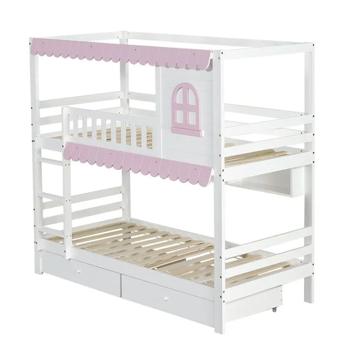 Lit superposé - Enfant - 90x200cm - Blanc + Rose - 2 tiroirs - Étagère ouverte-5