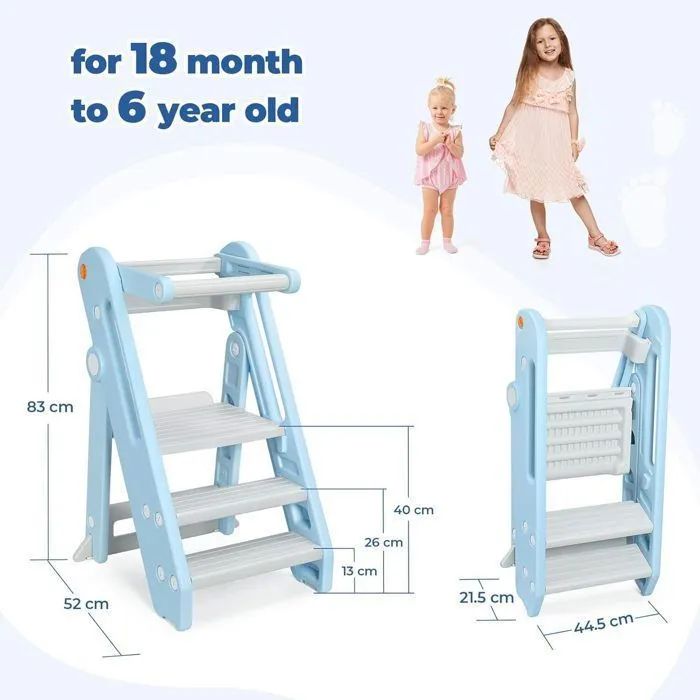 Tour d'observation Montessori Enfant, Marchepied pour Enfants réglable en Hauteur de 2 à 3 marches, Pliable, Sécurité, Bleu-5