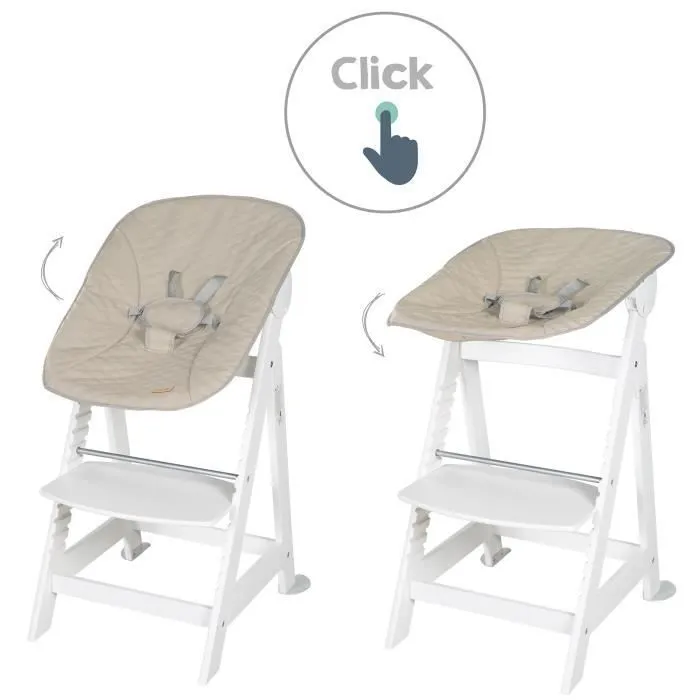 ROBA Chaise Haute Évolutive Born Up 2 en 1 + Transat Inclinable - Greyish matelassé - Dès la Naissance - Bois Blanc-3