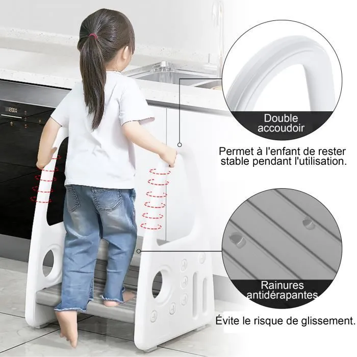 LZQ Marche Pieds Enfants 2 marches Antidéparant pour apprentissage escabeau tabouret avec deux accoudoirs antidérapant - gris-2