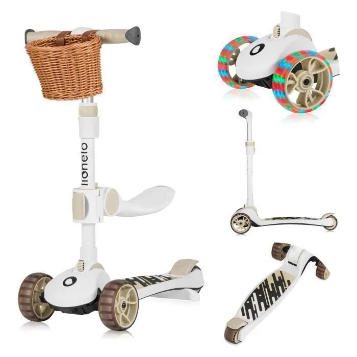 Draisienne trottinette enfant evolutive LIONELO Franky - Grandes roues éclairées - Jusqu’à 50 kg - Avec panier - Beige-0