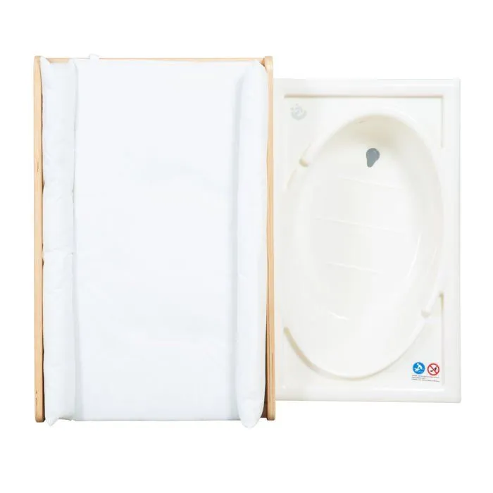 ROBA Table à Langer avec Baignoire Coulissante Baby Pool + Matelas à Langer Imperméable et Étagères en Tissu Blanc - Bois Naturel-5