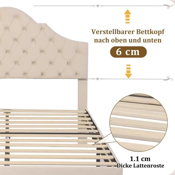 BM Lit adulte 140x190cm en velours, désign chesterfield, lit double capitonné en velours, tête de lit réglable, sans matelas, beige-2