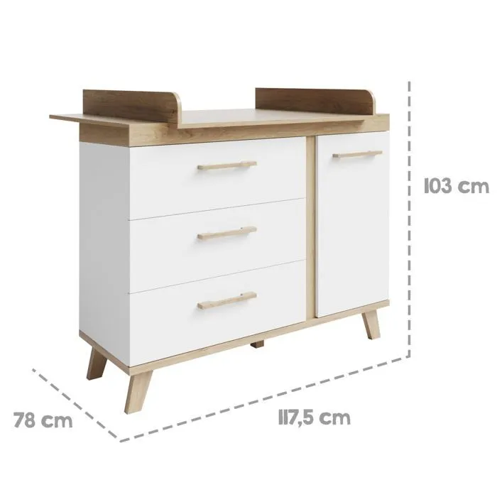 ROBA Commode à Langer Smile - 3 Tiroirs + 1 Porte - Convertible - Poignées et Pieds en Bois Massif - Blanc - Effet Bois-4