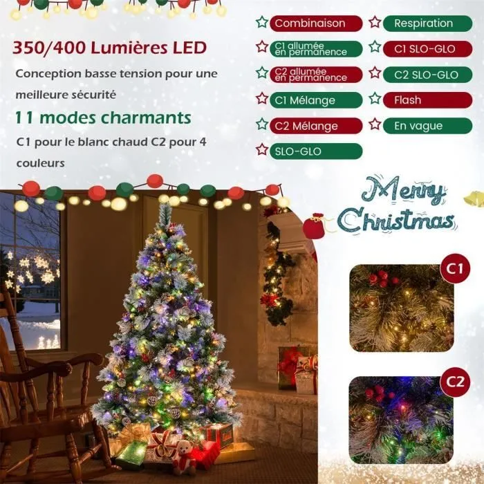 COSTWAY Sapin de Noël Artificiel 185cm avec 350 Lumières LED,11 Modes d'Eclairage 55 Pommes de Pin et 55 Baies Rouges 747 Branches-2