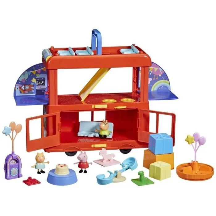 Peppa Pig, coffret Bus en fête 2 en 1 avec 3 figurines et 13 accessoires, jouets préscolaires pour filles et garçons, dès 3 ans-5