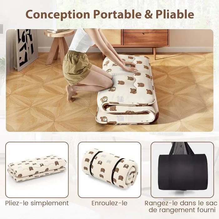COSTWAY Matelas Futon Japonais 140x200CM - Surmatelas Amovible, Matelas de Sol Pliable - Maison, Camping-car, Dortoir - Ours Brun-4