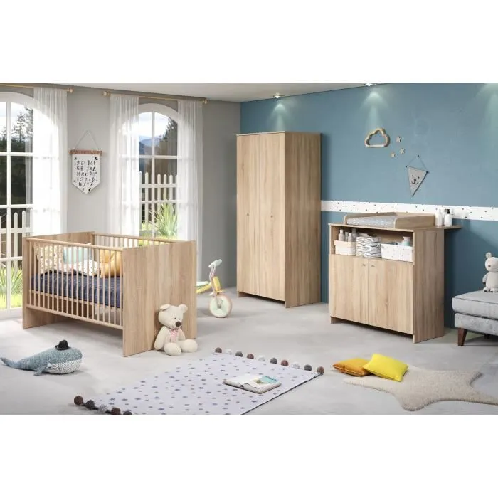 Chambre bébé trio NIKO - Lit 70x140 cm + Commode à langer 2 portes + Armoire 2 portes - Décor chêne naturel - TRENDTEAM-0