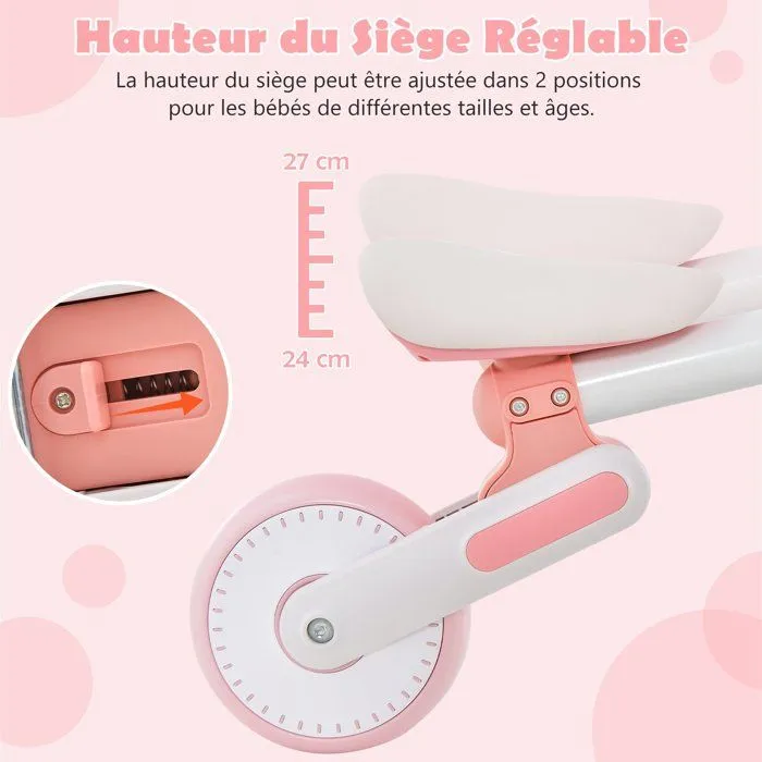 COSTWAY Draisienne sans Pédale pour Bébé 1-3 Ans avec 3 Roues, Vélo d'Équilibre Enfant Pliable avec Selle Réglable en Hauteur, Rose-3