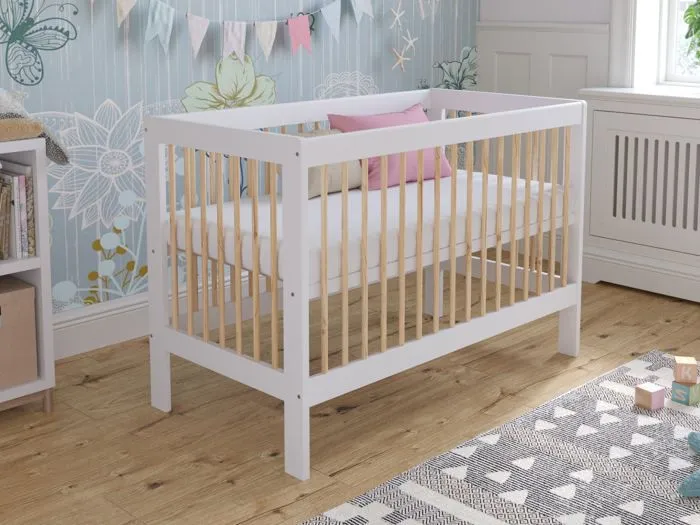 Lit Bebe Evolutif en Bois Pin Blanc 120x60cm, Transformable en Un Canapé-lit avec Une Barrière de Sécurité-1