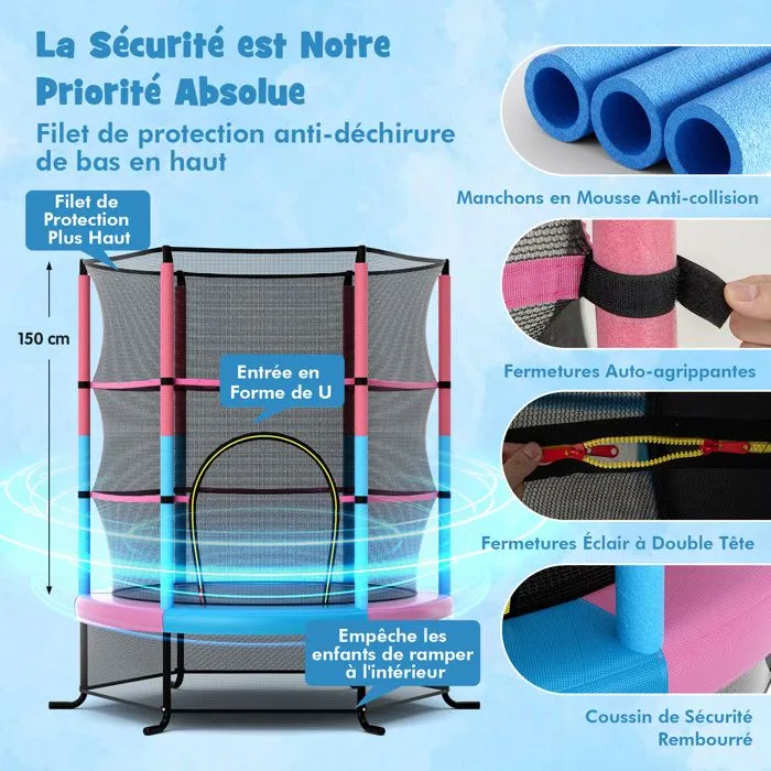 COSTWAY Trampoline de Jardin pour Enfants avec Filet de Protection, Appuis de Ressorts et Structure en Acier, 165x165x191cmMacaron-1