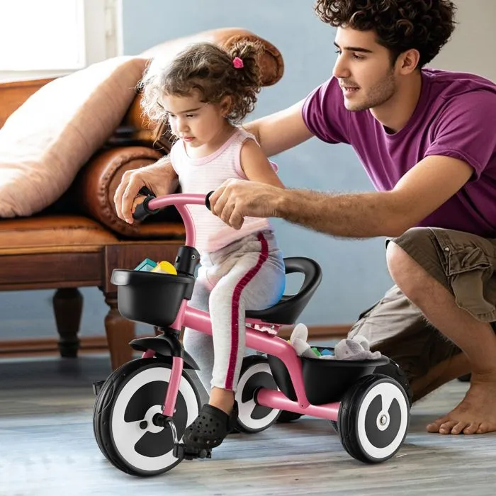 COSTWAY Tricycle pour Enfant avec Pédale, Siège Réglable, Paniers de Rangement, Fer Carbone Robuste, 4 Roues EVA, 1,5 à 5 Ans, Rose-1