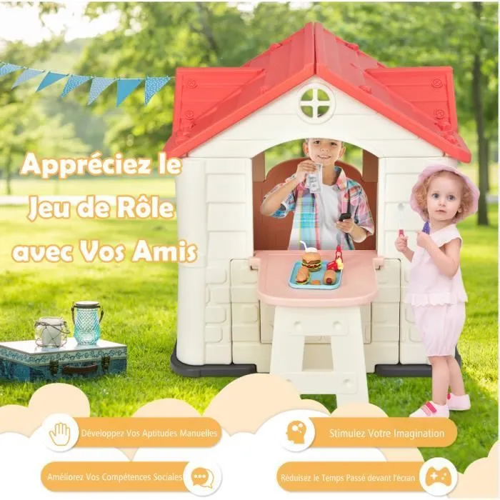 COSTWAY Maisonnette Enfants - 164x124x132 CM, Maison de Jeu avec Table de Pique Nique, Cabane de Jardin en PEHD Anti-UV Rose-1