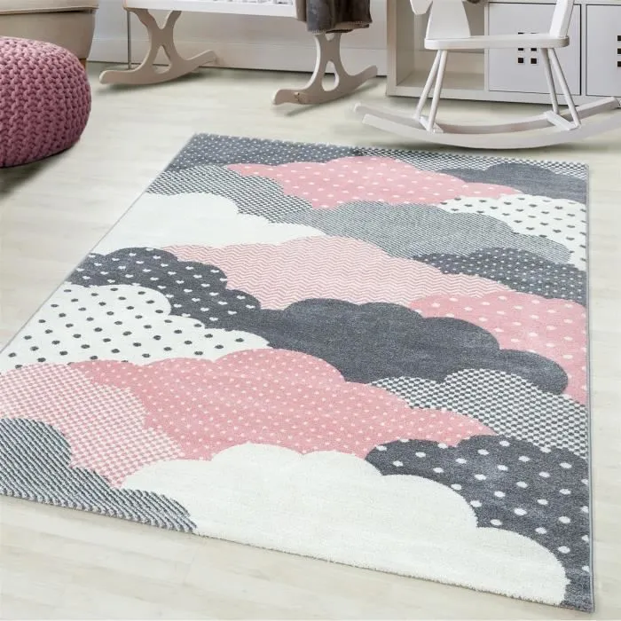 Tapis enfant - Nuages Rose - 120 x 170 cm - 100% PP Frisé-0