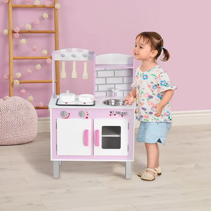 Cuisine bois jeu d'imitation - cuisine rose enfant - nombreux accessoires & rangements inclus - fonction sonore - MDF pin rose-1