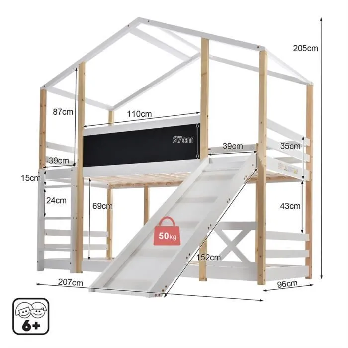 DRIPEX Lit Superposé Enfant 90x200cm avec toboggan,tableau noir et échelle,Lit cabane 2x sommier à lattes,Lit mezzanine Blanc,H205cm-1