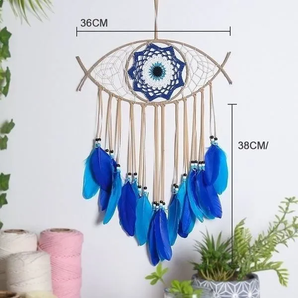 Attrape-Rêve - Amulette - Bleu - 38 cm - Décoration - Capteur de rêves-2