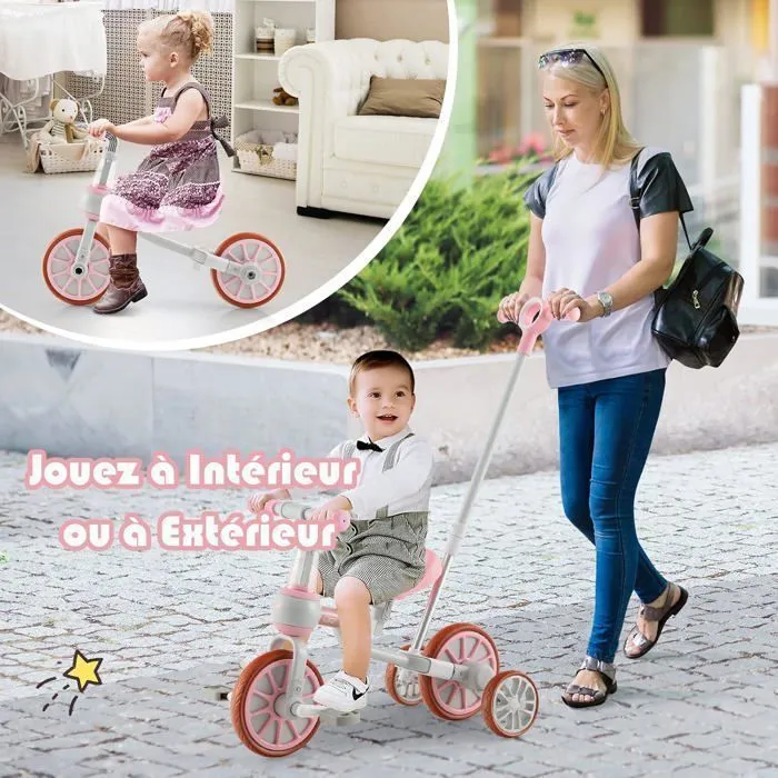 COSTWAY Tricycle Evolutif 5-en-1 avec Putter pour Enfants 2-4 Ans, Pédale et Roue Arrière Amovible, Siège et Poignée Réglables Rose-4