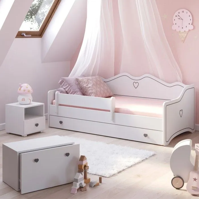 Lit enfant pour une fille EMMA 80x160 avec matelas + sommier + tiroir en blanc-0