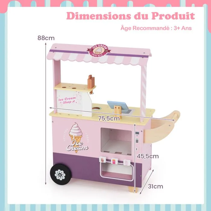 COSTWAY Chariot à Glaces Enfant Marchande Desserts 15 Accessoires, Caisse avec Écran et Scanner, Distributeur Automatique, Rose-5