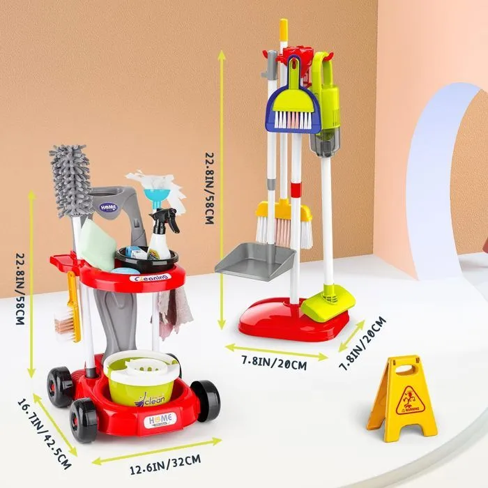 Chariot de Ménage Enfant 29 Pièces Ensemble De Nettoyage pour Enfant,  Jouets De Nettoyage Éducatifs, Jeu de Rôle Jouet Ménager-2