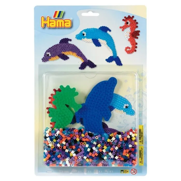 Kit de perles - Hama - Animaux marins - 1100 perles - Plaques dauphin et hippocampe - 5 ans et plus-0