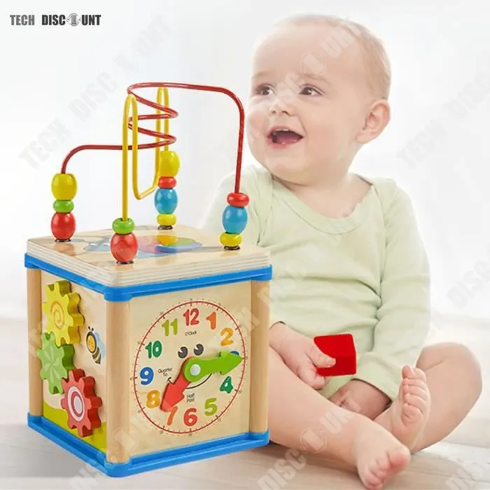 TD® Horloge en bois pour enfants de l'éducation préscolaire boîte à trésors de jouet de perles multifonctions 1-6 ans jeu intellectu-2