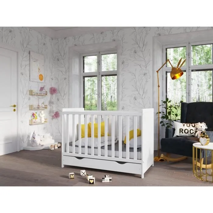 Lit Bebe Blanc 120 x 60 cm, Lit en Bois pour Enfants Lit evolutif Bebe + Barrière de sécurité-1