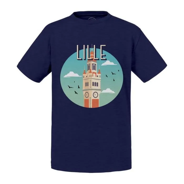 T-shirt Enfant Bleu Lille Le Clocher France Ville Monument Tourisme-0