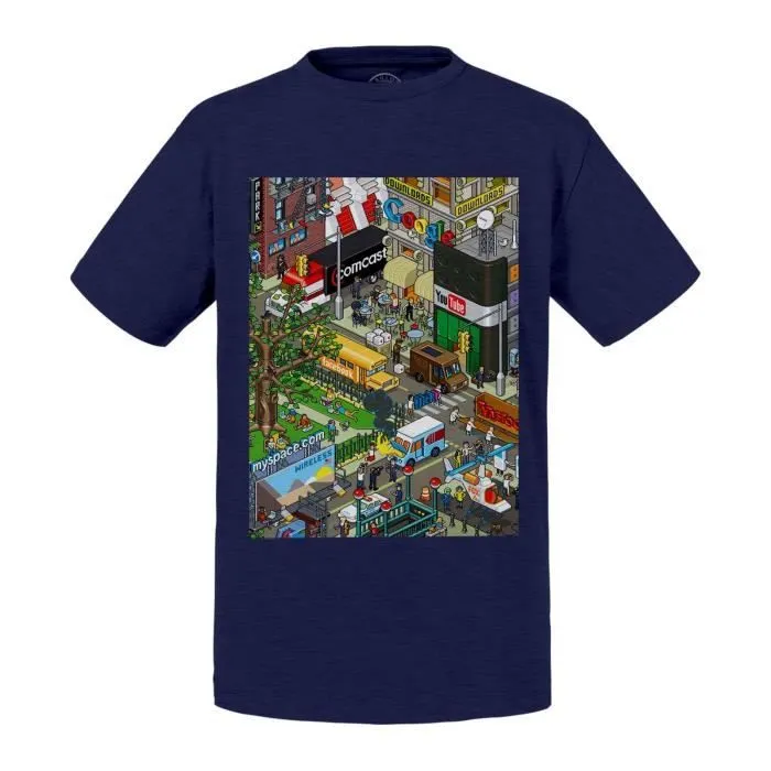 T-shirt Enfant Bleu Pixel Art Ville Retro Gaming Geek Jeux Video 8 Bits-0